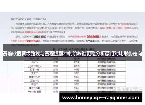 赛前欧冠晋级路线与赛程提醒冲刺阶段谁更稳分析豪门对比形势走向