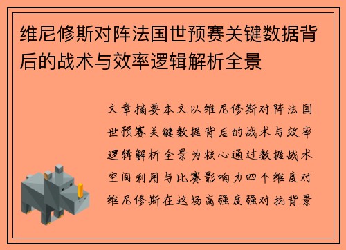 维尼修斯对阵法国世预赛关键数据背后的战术与效率逻辑解析全景